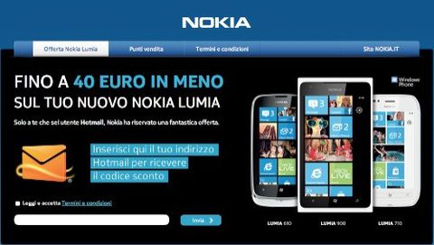 Nokia: sino a 40 euro di sconto per gli utenti Hotmail che compreranno un terminale Lumia