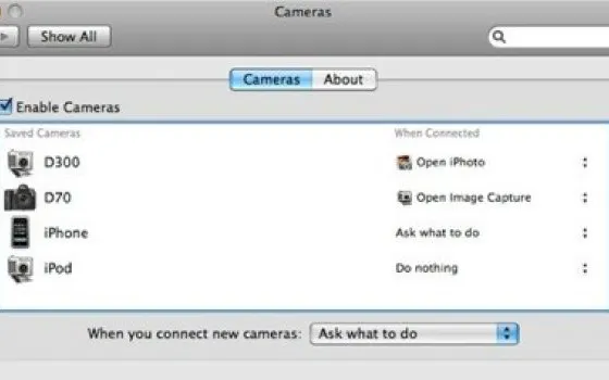 Cameras: gestione indipendente delle fotocamere
