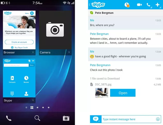L'interfaccia utente dell'app Skype per BlackBerry 10.1