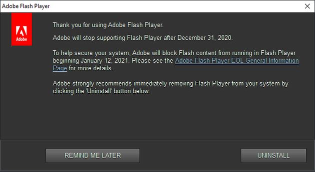 adobe flash player stop supporto