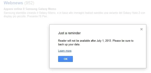 L'avviso su Google Reader.