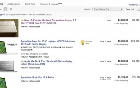 Mercato parallelo di MacBook Pro Retina su eBay