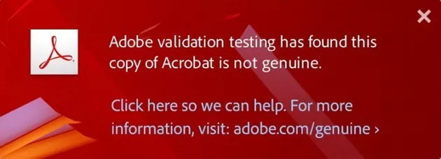 L'avviso che viene visualizzato se sul computer è installata una versione pirata di Acrobat X.