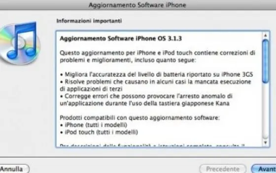 Aggiornamento firmware per iPhone OS: versione 3.1.3
