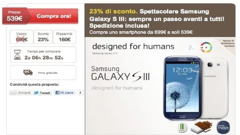 Samsung Galaxy S3 in offerta per questo weekend a 539 euro su Letsbonus