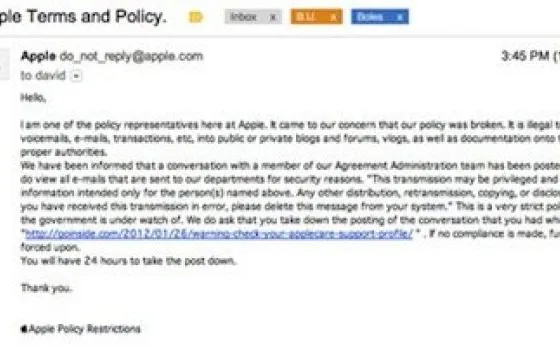 Apple intima a un blogger di rimuovere un post su un disservizio