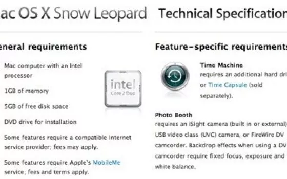 I requisiti minimi per l'installazione di Snow Leopard