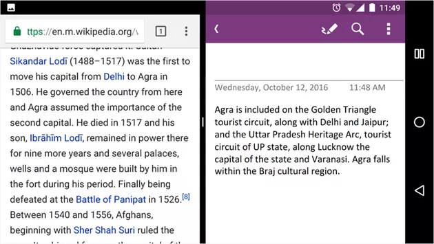 OneNote split screen Android