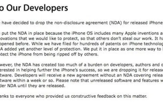 Apple elimina NDA sul software iPhone pubblicato