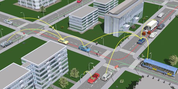 Ecco come funzionano le tecnologie V2V (Vehicle-to-Vehicle): ogni automobile o mezzo di trasporto trasmette informazioni a quelli nelle vicinanze, avvisando i conducenti di lavori in corso, incidenti o altri ostacoli presenti sulla strada