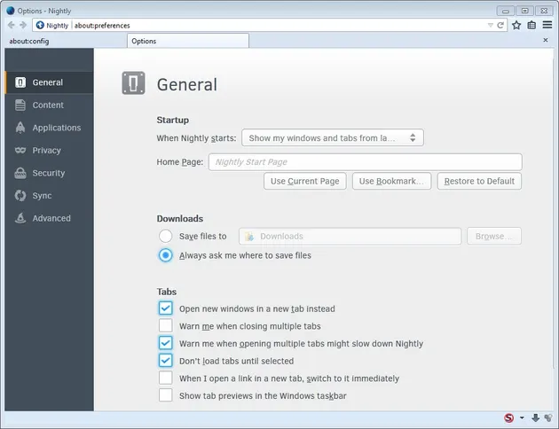 Le opzioni in-tab di Firefox 32.