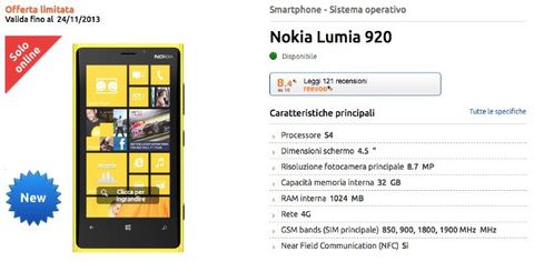 Nokia Lumia 920 a 219 euro da Marcopoloshop