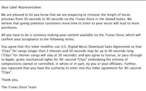 iTunes Store: anteprime da 90 secondi negli USA
