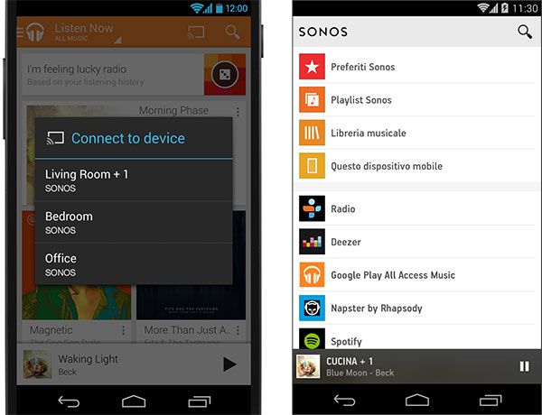 L'app di Google Play Music permette di riprodurre i brani direttamente sui diffusori Sonos presenti nell'abitazione