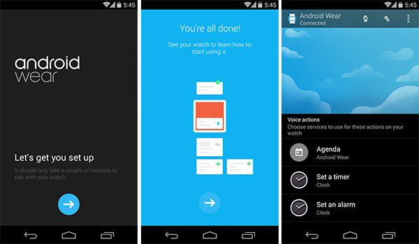 Screenshot per l'applicazione ufficiale Android Wear, disponibile su Google Play
