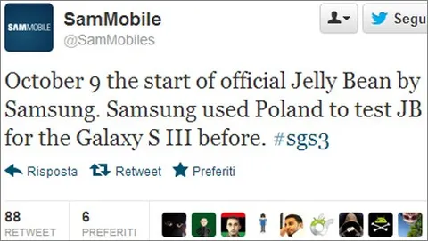 Samsung Galaxy S3, Android 4.1.1 Jelly Bean dal 9 ottobre