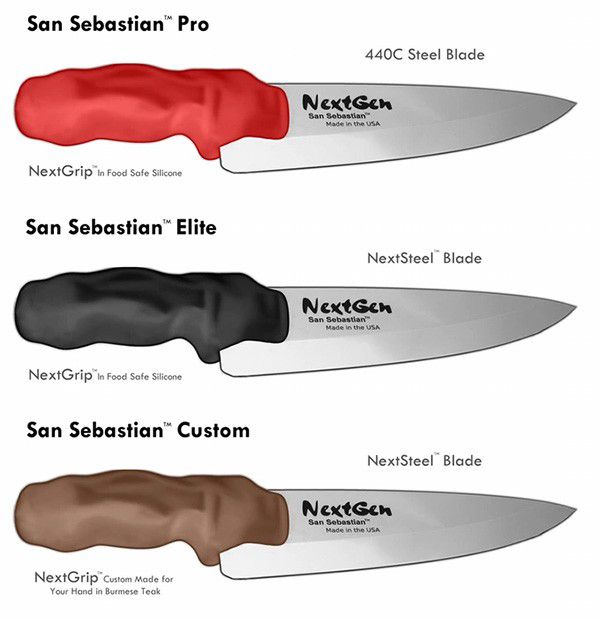 Le varie edizioni del coltello da chef con impugnatura stampata in 3D, proposto in crowd funding dall'azienda NextGen