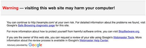 L'avviso mostrato da Gmail quando si riceve un link che punta ad un sito potenzialmente pericoloso
