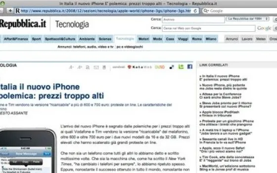 Repubblica: In italia è polemica per i prezzi di iPhone 3G S