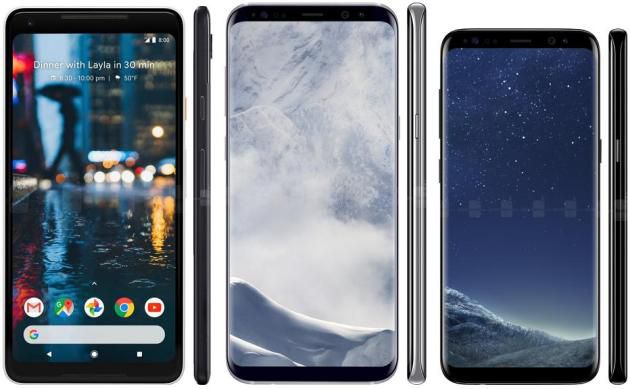 Google Pixel 2 XL (sinistra), Samsung Galaxy S8+ (centro) e Samsung Galaxy S8 (destra).