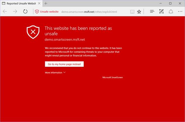 L'avviso mostrato in Microsoft Edge quando SmartScreen rileva un contenuto pericoloso.