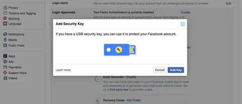 Facebook, autenticazione sicura con le chiavette