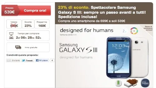 Samsung Galaxy S3 in offerta per questo weekend a 539 euro su Letsbonus