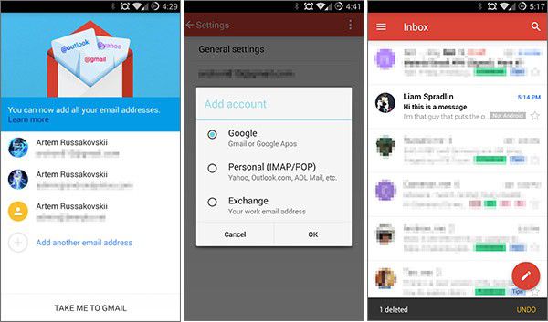 Screenshot per l'interfaccia dell'applicazione Gmail 5.0 su smartphone Android