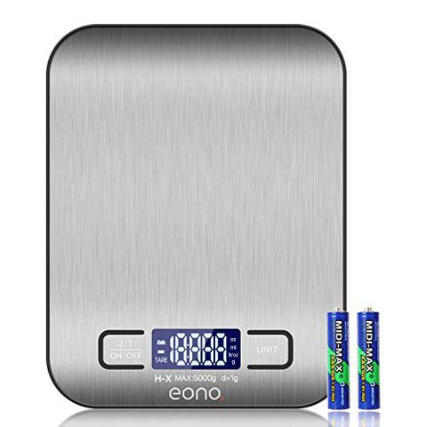 Amazon Brand – Eono Bilancia digitale da cucina, in acciaio inossidabile, pesa in grammi e once, 5 kg / 1...
