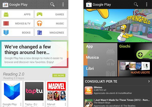 L'immagine leaked per il restyling di Google Play su Android (a sinistra) e la versione attuale (a destra)