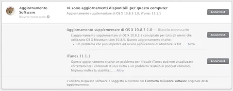 Disponibili Aggiornamento Supplementare di OS X 10.8.5 e iTunes 11.1.1