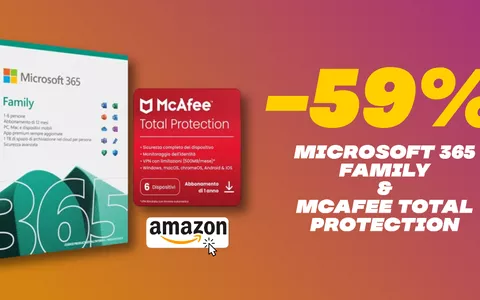 Microsoft 365 Family e antivirus McAfee: SCONTO PAZZO 59% su Amazon