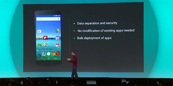 Sundar Pichai annuncia Android for Work dal palco dell'evento Google I/O 2014