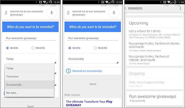 La scheda di Google Now per l'inserimento dei promemoria visualizza ora la voce "Occasionalmente" relativa alla frequenza dell'evento
