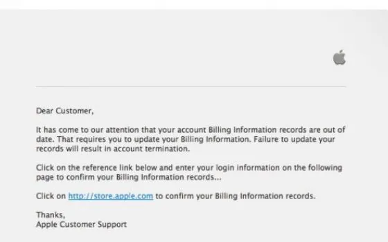 Phishing Apple: attenzione alle richieste di aggiornamento dei dati di fatturazione