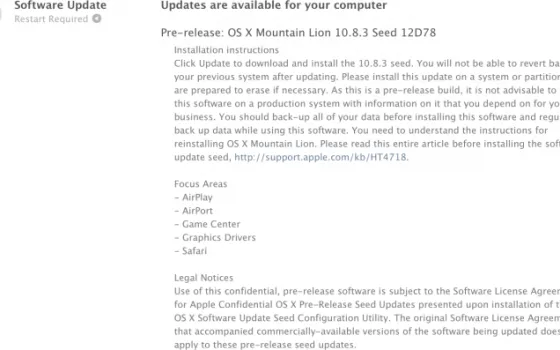 Apple rilascia la beta 12D78 di OS X 10.8.3 agli sviluppatori