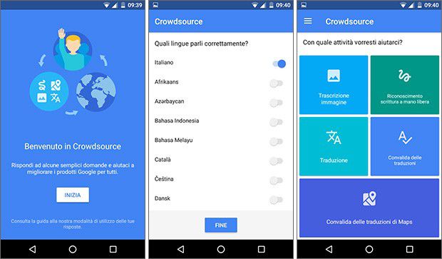 Screenshot per l'applicazione Crowdsource di Google su smartphone Android
