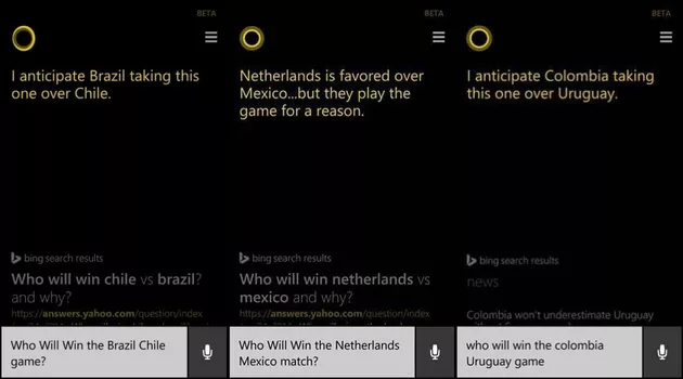 Cortana ha previsto le vittorie di Brasile, Olanda e Colombia.