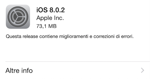 iOS 8.0.2 ha un peso di 73,1 MB su iPhone