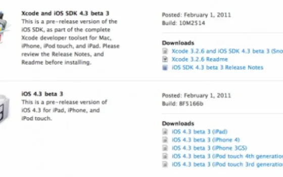 Apple rilascia agli sviluppatori iOS 4.3 beta 3