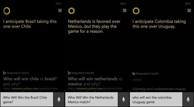 Cortana ha previsto le vittorie di Brasile, Olanda e Colombia.