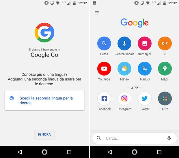 Screenshot per l'interfaccia dell'applicazione Google Go in italiano