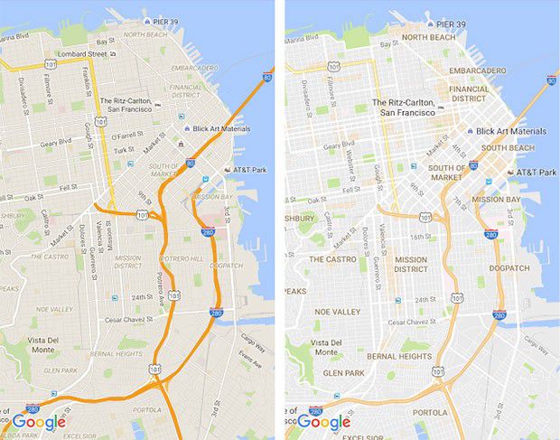 L'aspetto delle mappe di Google Maps: quello visualizzato fino ad oggi (a sinistra) e quello nuovo introdotto con l'aggiornamento dell'applicazione (a destra)