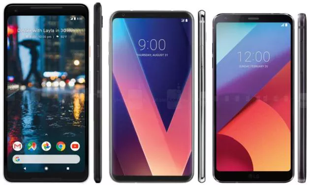 Google Pixel 2 XL (sinistra), LG V30 (centro) e LG G6 (destra).