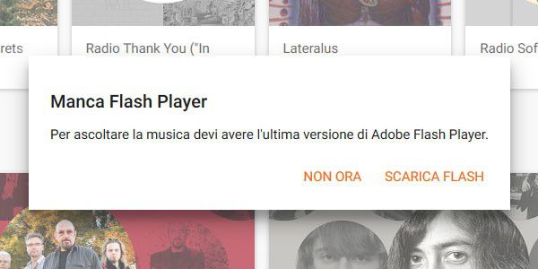 Su Firefox il client di Google Play Musica obbliga all'installazione del Flash Player