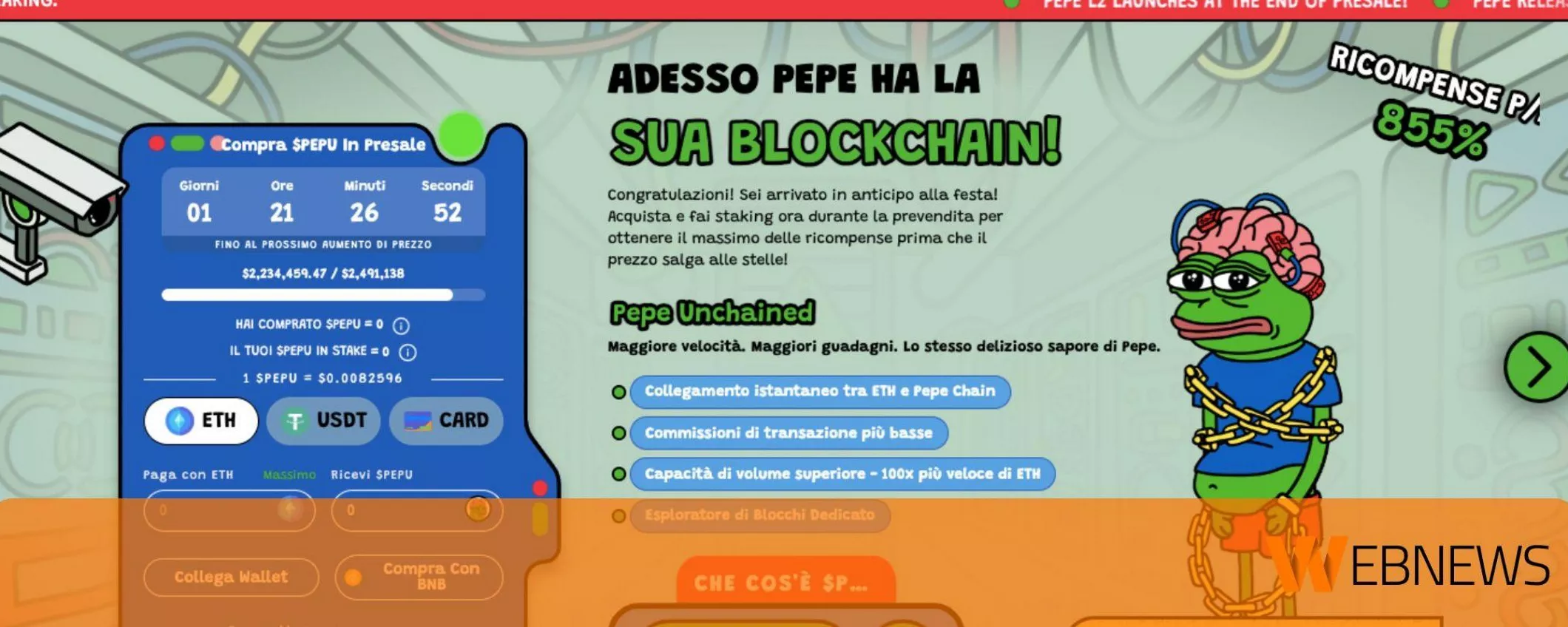 La nuova meme coin Pepe Unchained raccoglie 3 milioni di dollari in presale