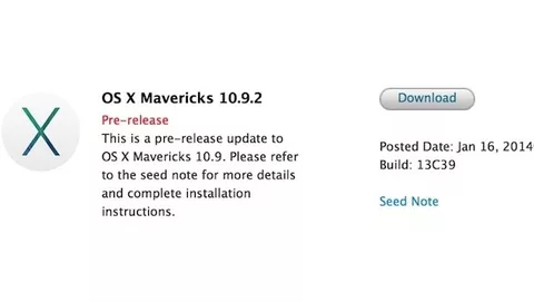 Apple invia OS X Mavericks 10.9.2 Build 13C39 agli sviluppatori