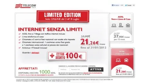 Telecom Italia: 100 euro di sconto extra per chi si abbonerà a Internet Senza Limiti