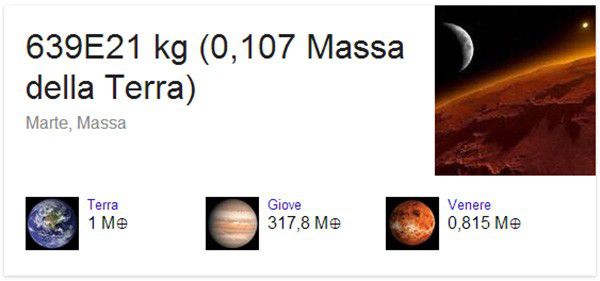 La massa di Marte confrontata con quella di altri pianeti, nella pagina dei risultati di Google