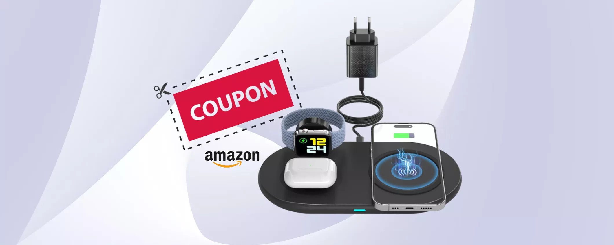 Caricabatterie wireless 3-in-1 per iPhone, Apple Watch e AirPods: PREZZO TOP con Coupon 9€